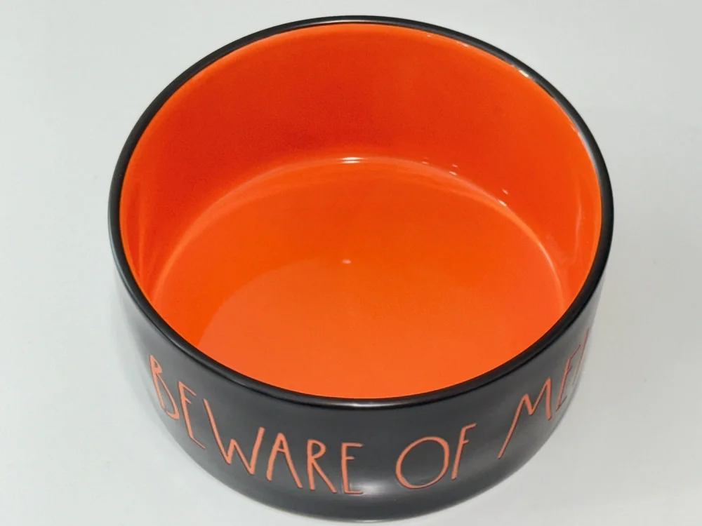 Rae Dunn Beware Of Me Halloween Dog Cat Bowl Black & Orange Ceramic Pet Dish 6
